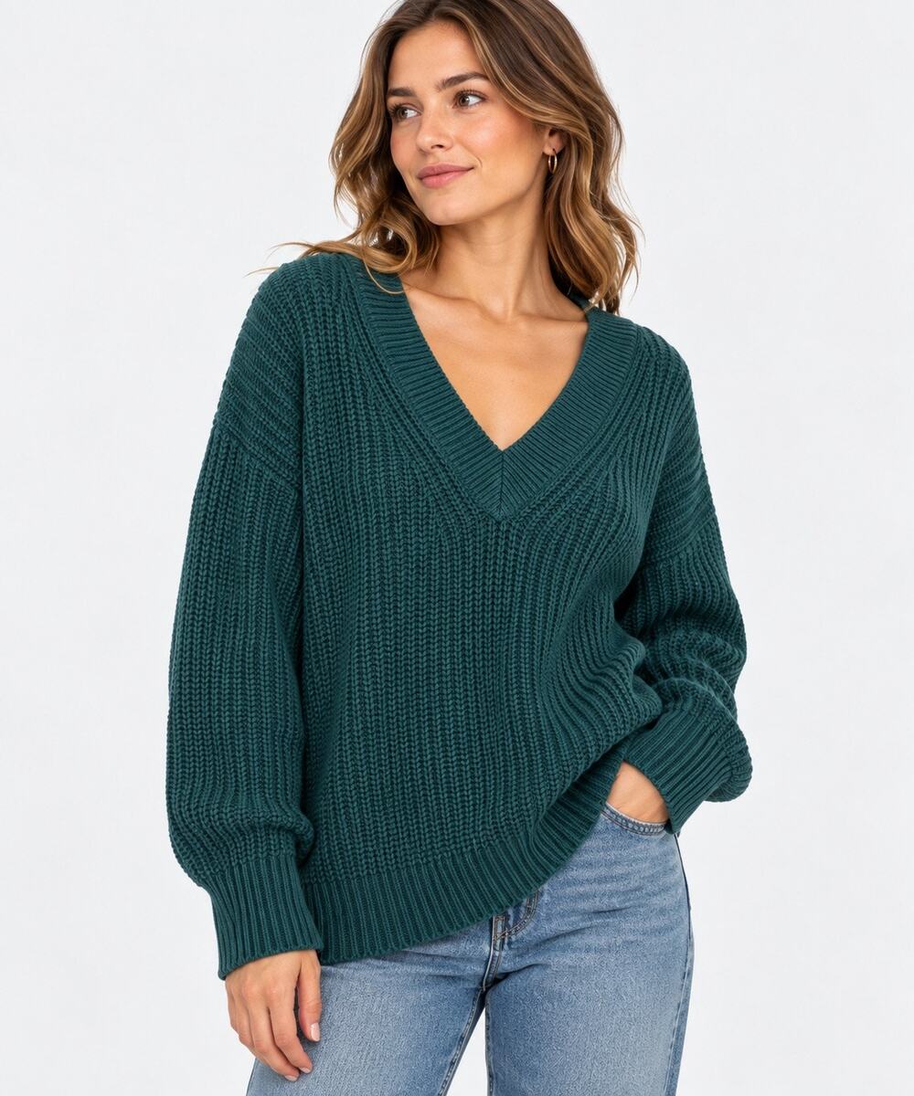 A New Day Chunky V Neck Sweater XXL Teal Green Cotton Knit Slouchy Cottagecore